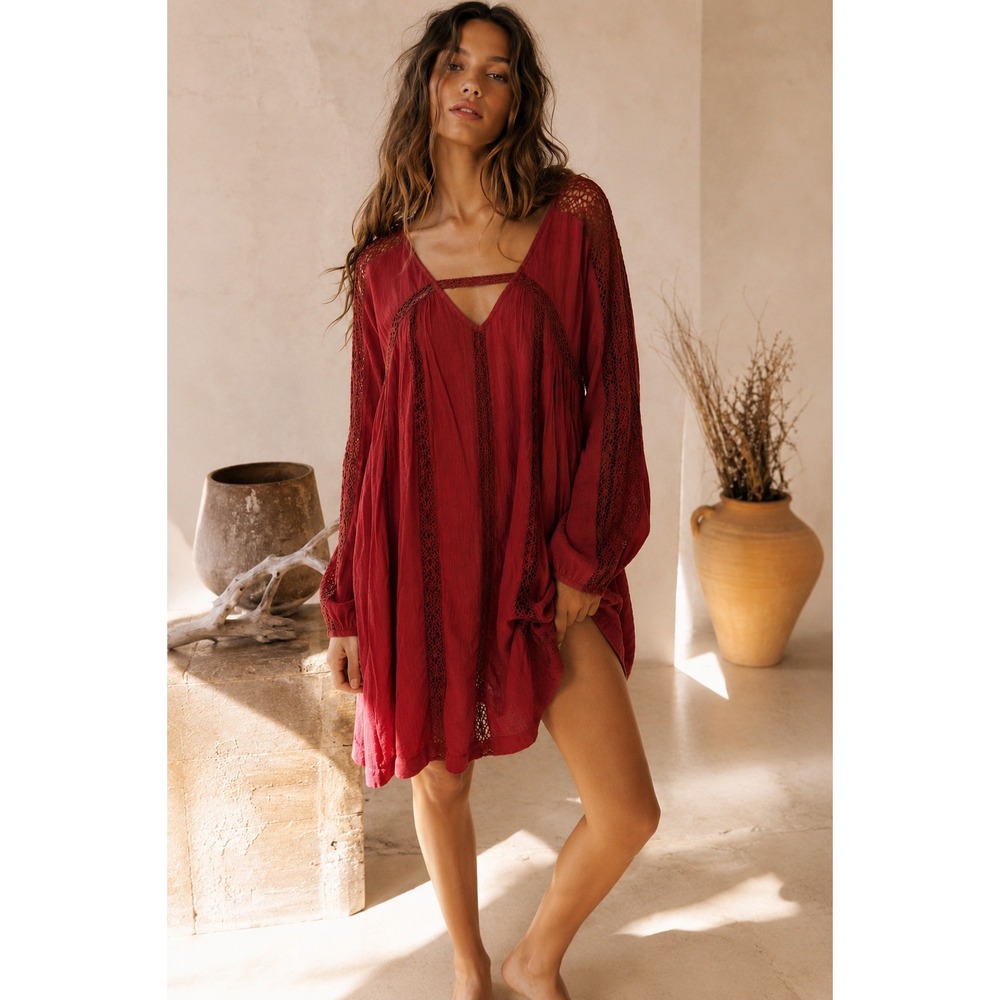 American Eagle Outfitters Rust Red Boho Crochet Trim Babydoll Mini Dress Small